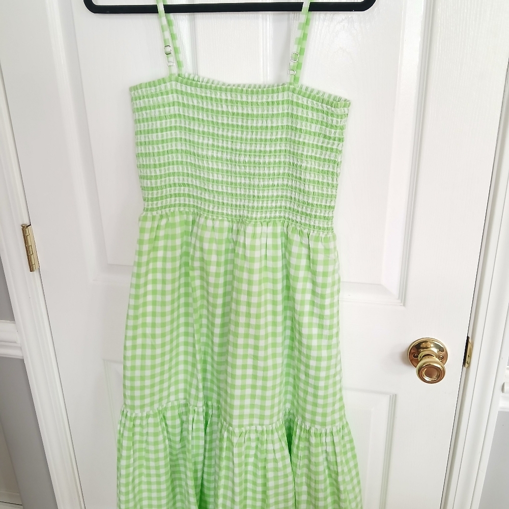 J Crew Lime Green Gingham Sundress with Smocked Bodice Tiered Skirt Midi Resort - Picture 6 of 9